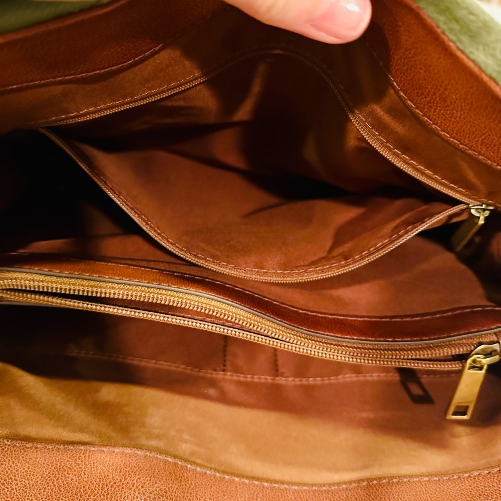 Fossil Leather Suede Green Tote Handbag Green Brown Handles Work Travel Safari - Picture 14 of 16